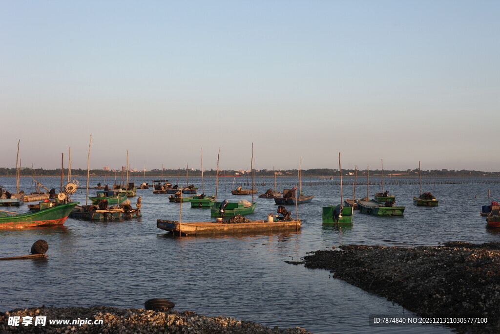 海边停泊众多色彩渔船