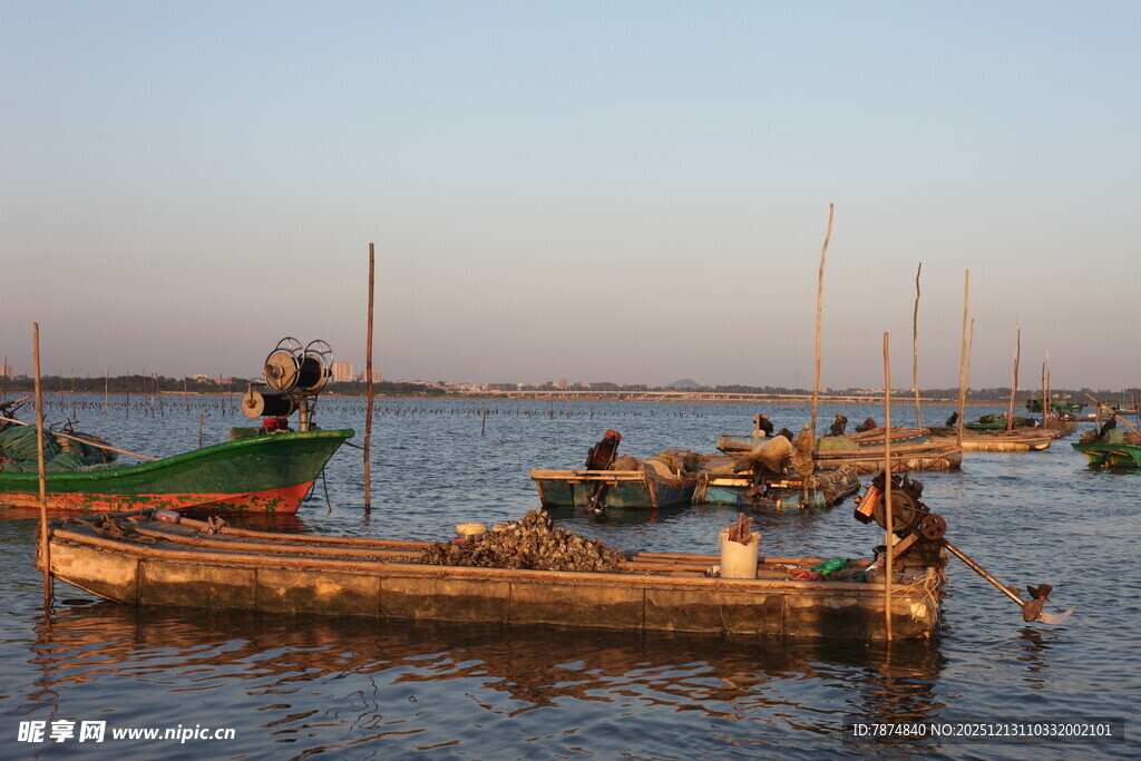 夕阳下的水上渔船景象
