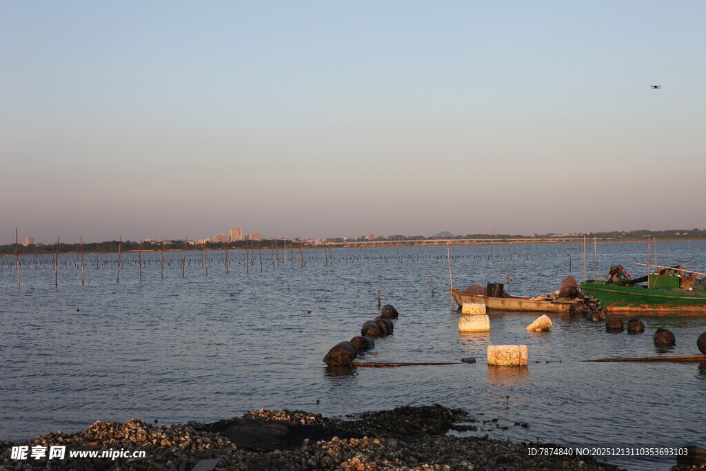 黄昏下的宁静水边景象