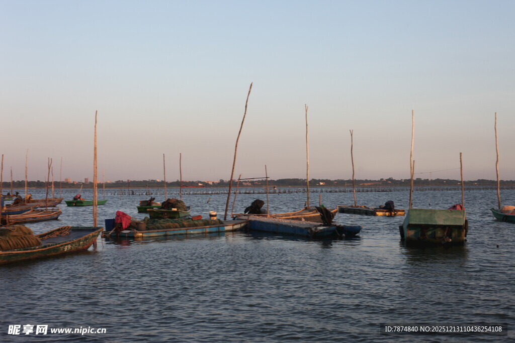 黄昏海港停泊的多彩船只