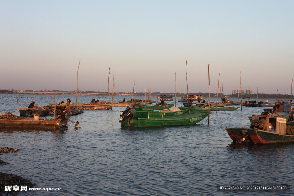 黄昏海港停泊的多彩渔船