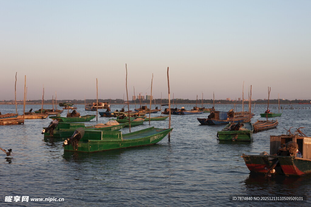 黄昏海港停泊的多彩船只