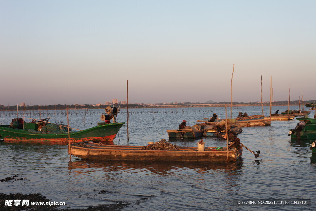 黄昏海港停泊的多彩渔船