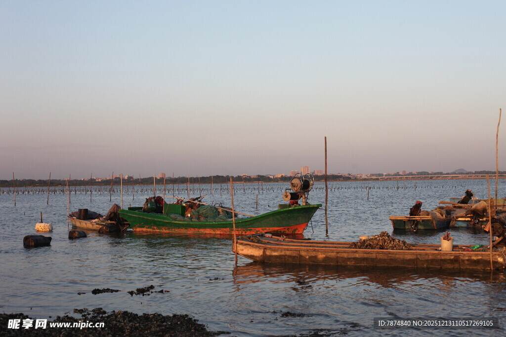 黄昏海港中的停泊渔船