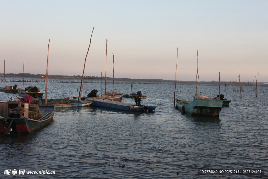 黄昏海港停泊的多艘船只