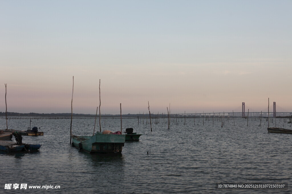 黄昏海港停泊的多艘船只