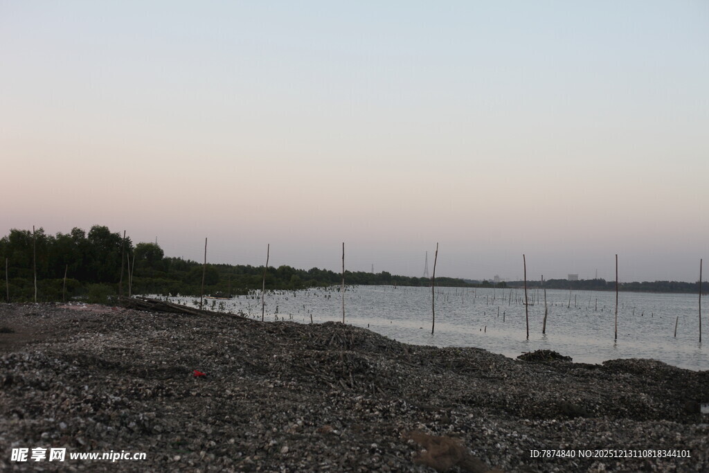 黄昏下的宁静湖畔风光