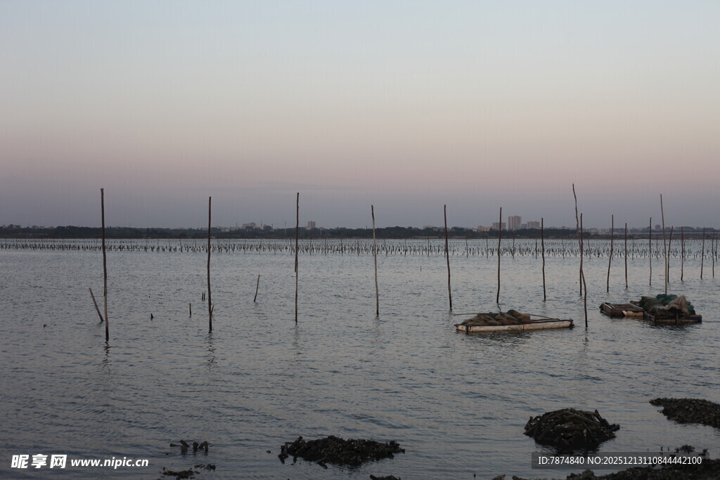 黄昏下的水上养殖场景