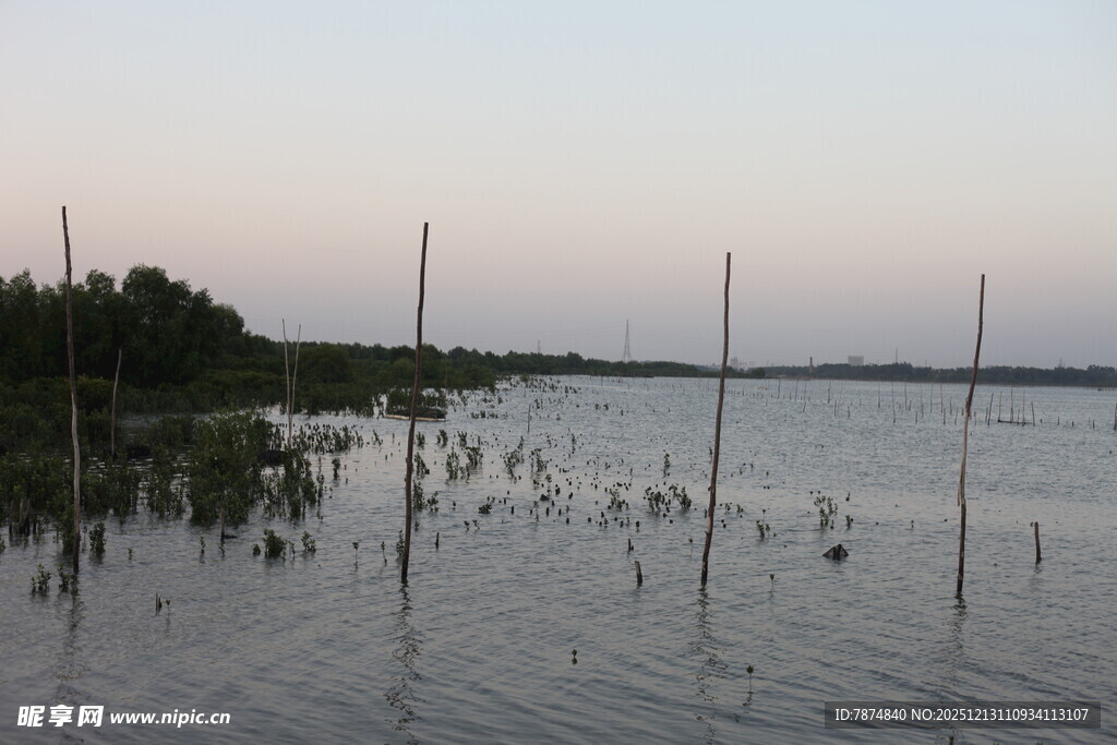 湖畔暮色中的水上景象