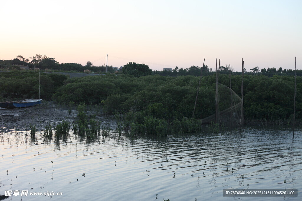 黄昏下的宁静水边景致