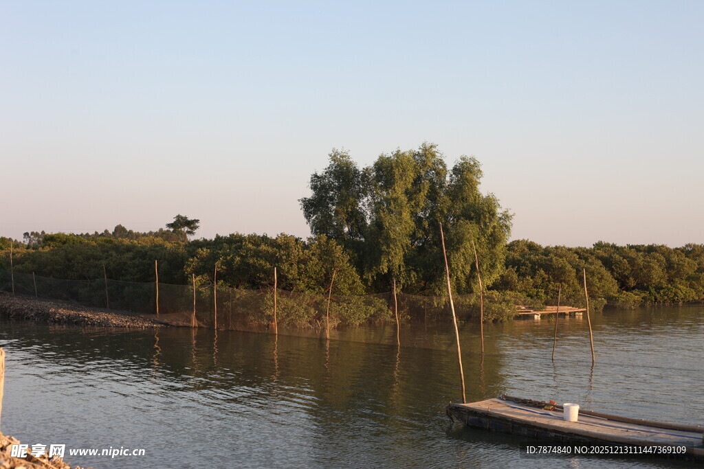 湖畔小船与葱郁树木景观