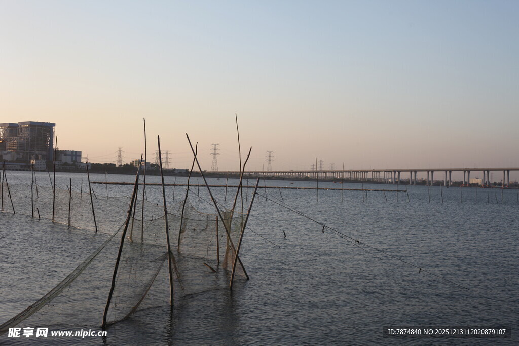 黄昏下的水边芦苇与围栏