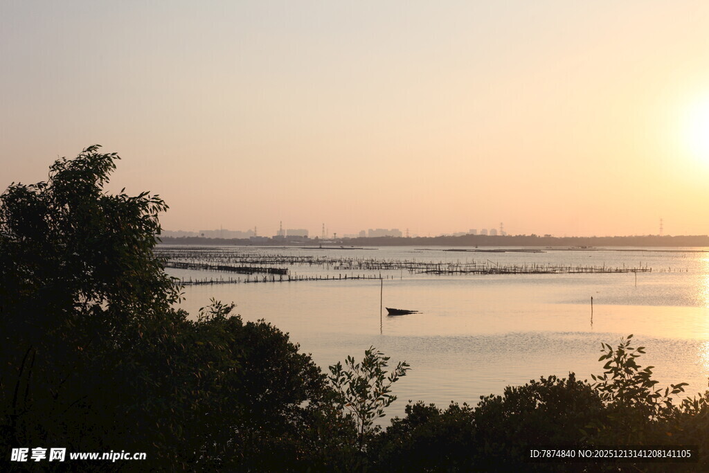 日落时分的宁静河岸风光