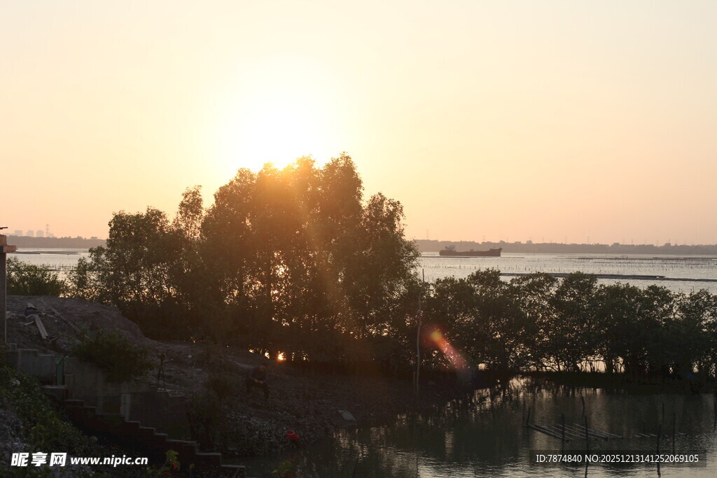 夕阳下湖畔的静谧景致
