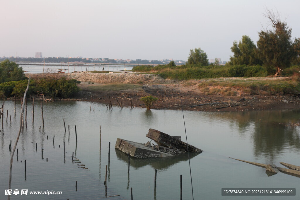 宁静水边的孤舟景象