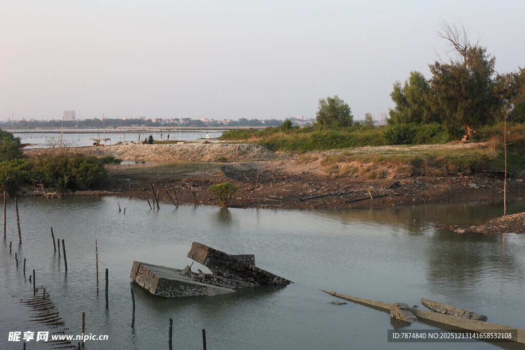 宁静河岸的废弃船只景象
