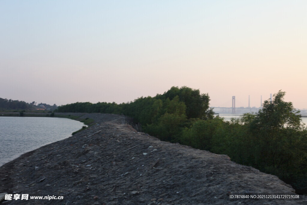 黄昏河畔石堤与葱郁植被