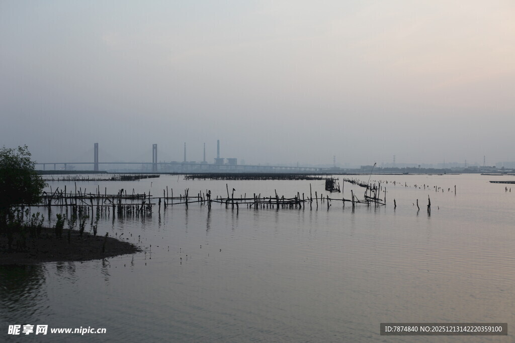 黄昏下的宁静水边景致