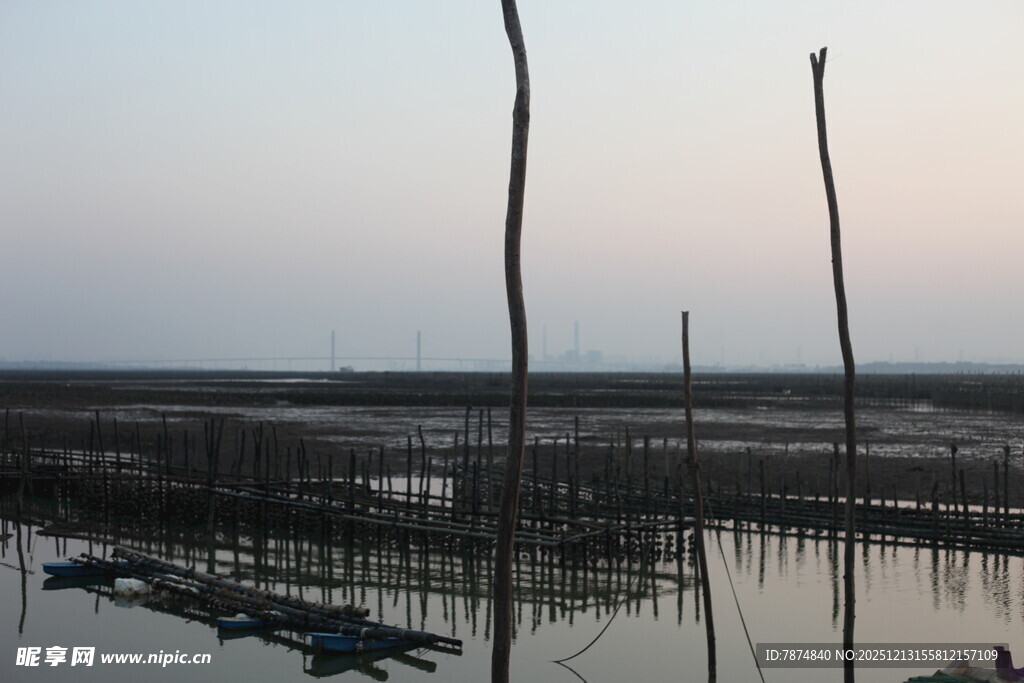 黄昏下的水上养殖场景