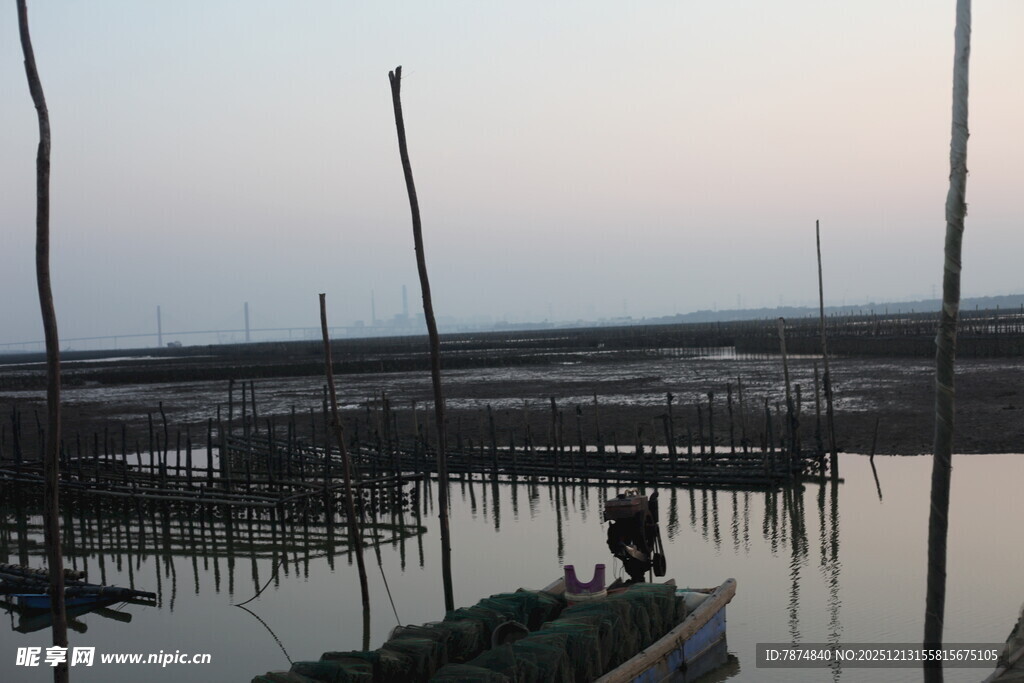 黄昏下的水上养殖场景