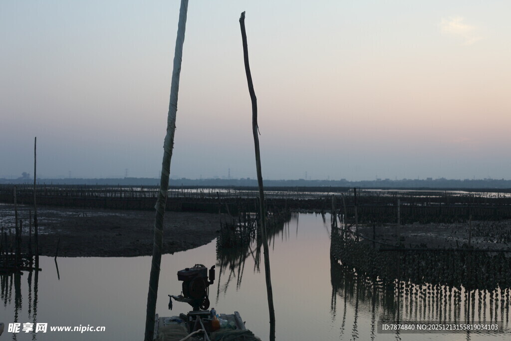 水乡暮色中的水上养殖场景