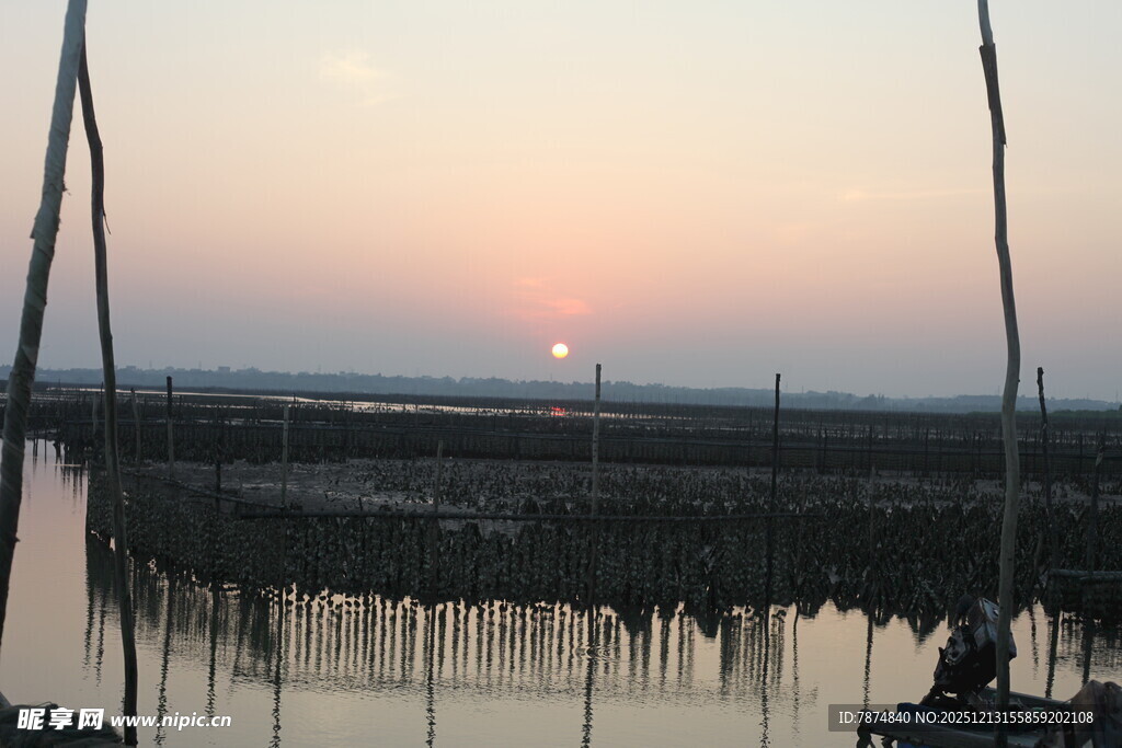 夕阳下的水上养殖场景