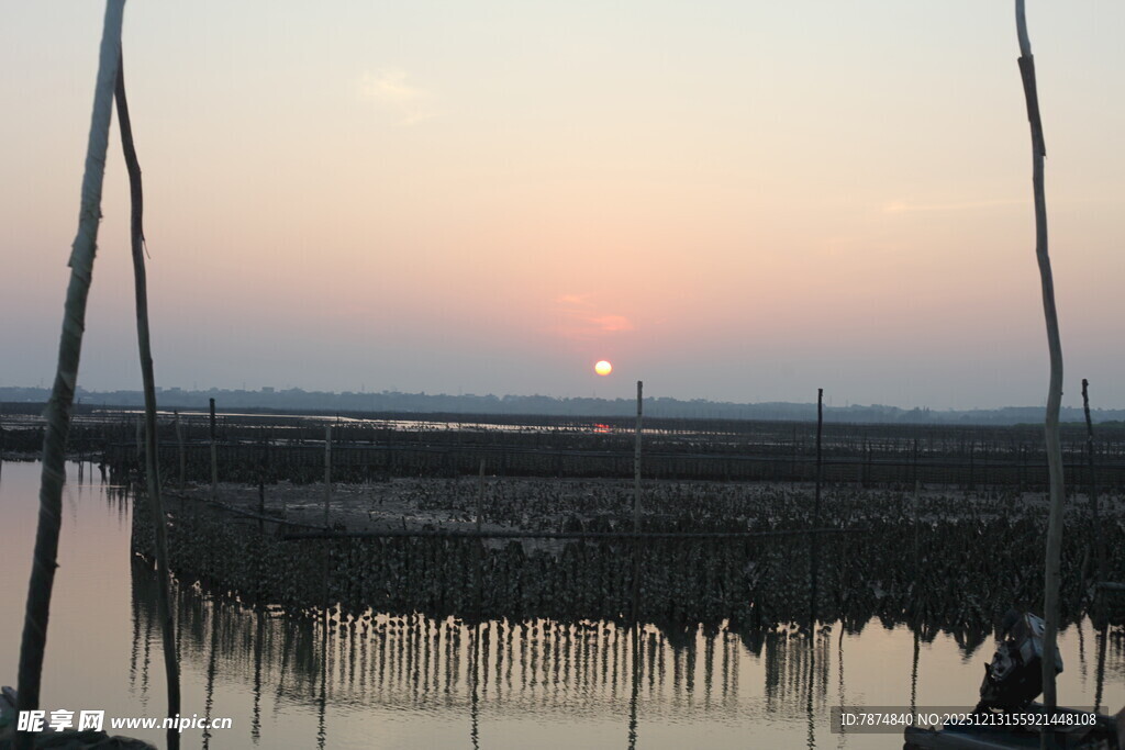 夕阳下的水上养殖场景