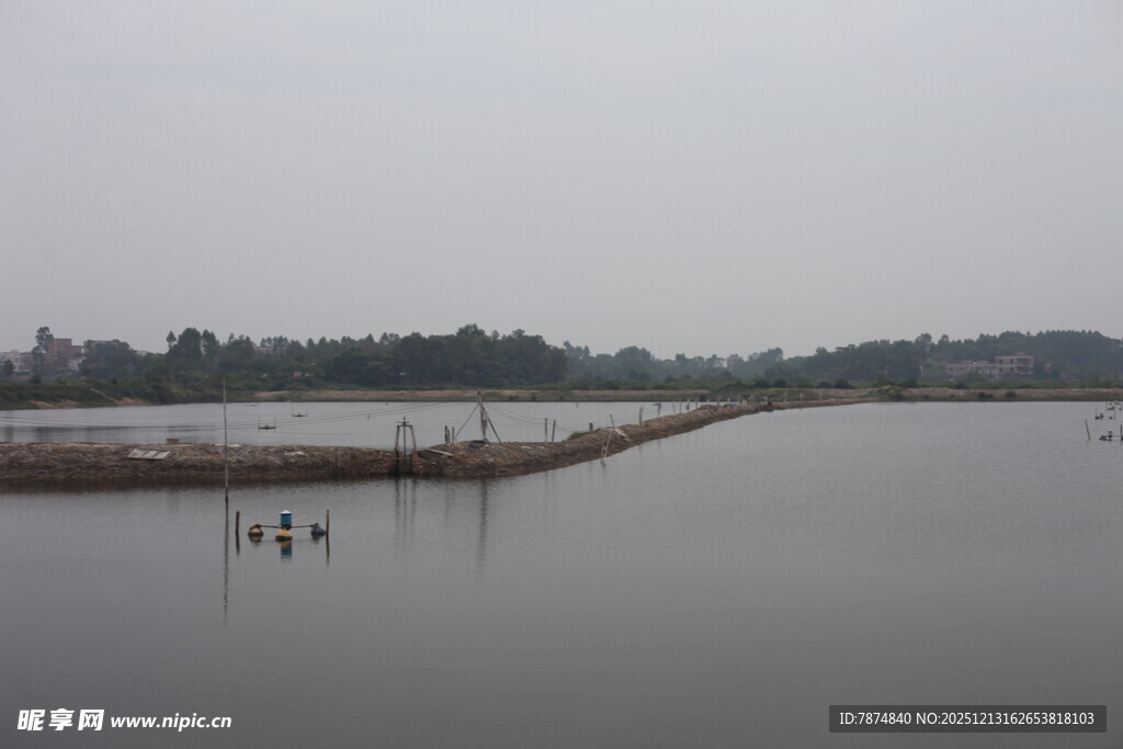 宁静湖面与远处堤岸景象