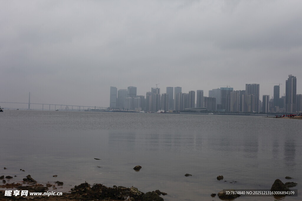 雾中城市海岸线景观