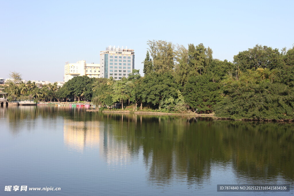 湖畔城市风光绿树环绕