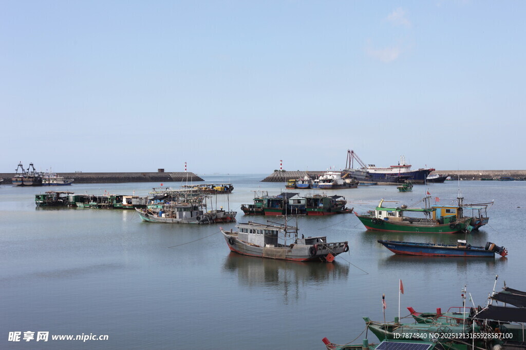 海港停泊的多彩渔船
