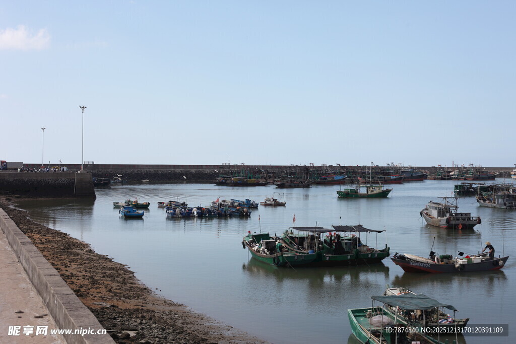 海边停泊的众多渔船