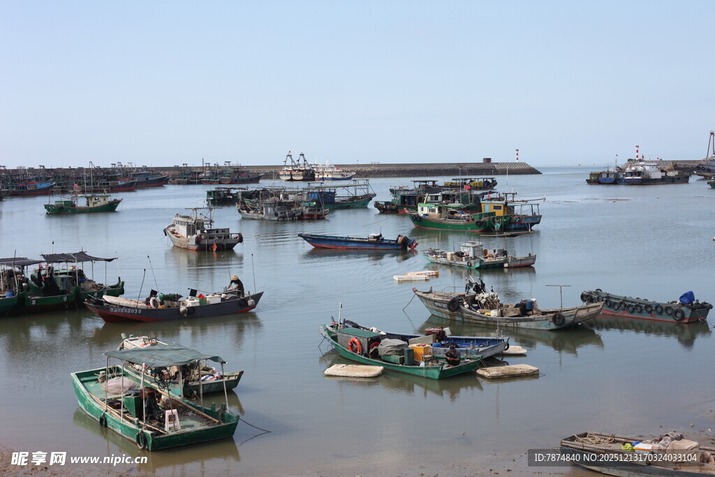 港湾中的众多渔船停泊景象