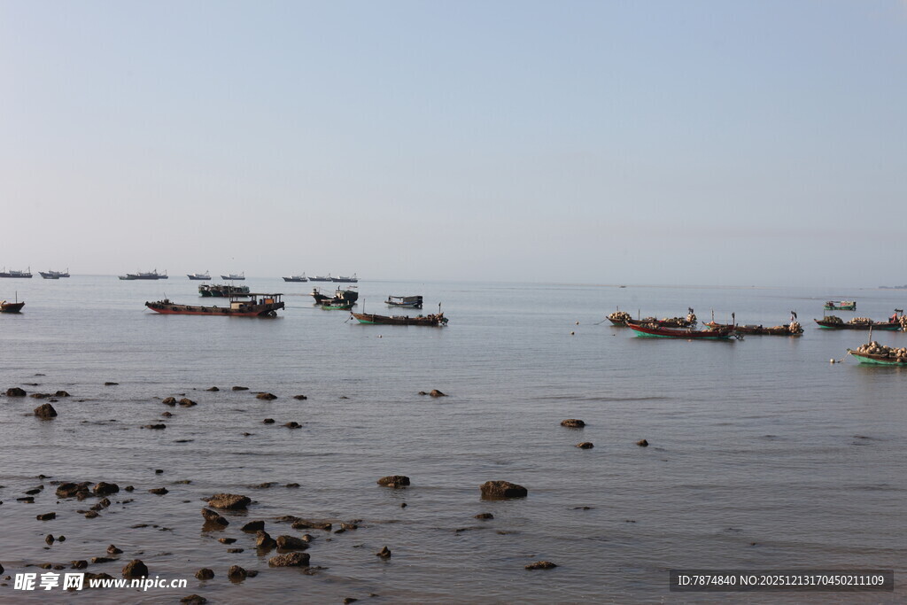 海边停泊的众多渔船