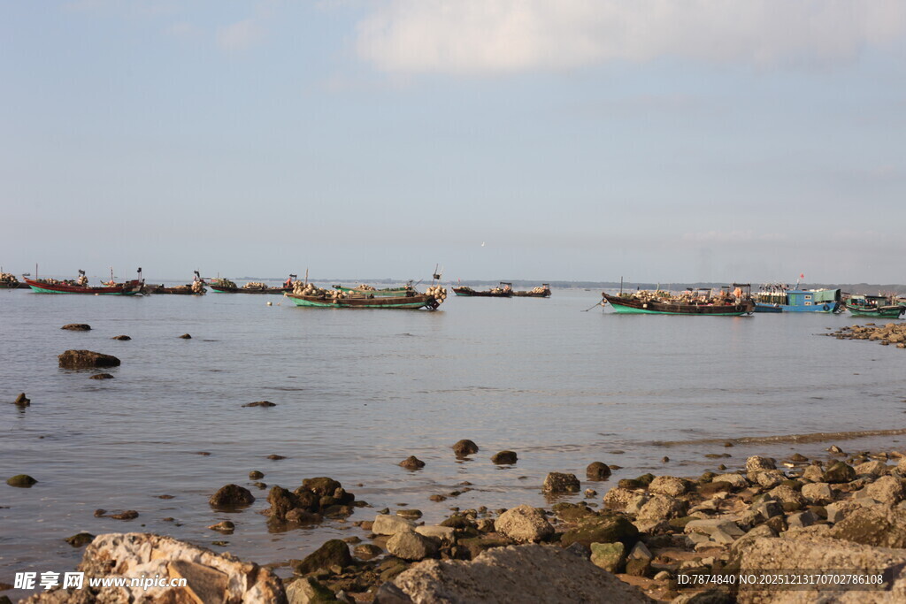 海边礁石与远海船只景象