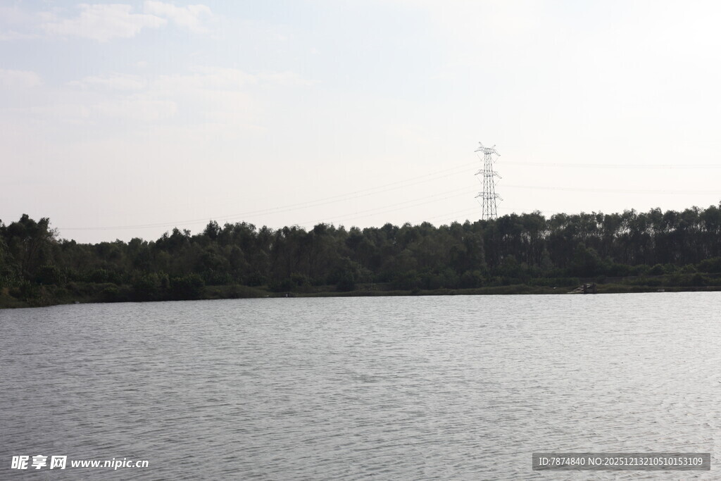 湖畔风光远处高塔隐于林