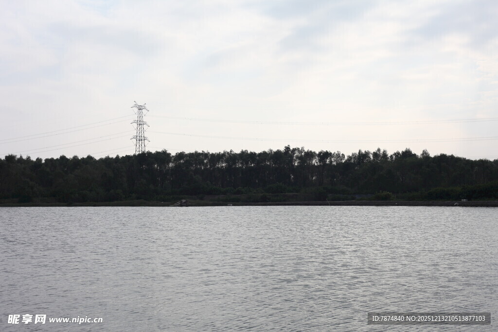 湖畔风光远处高塔隐于林