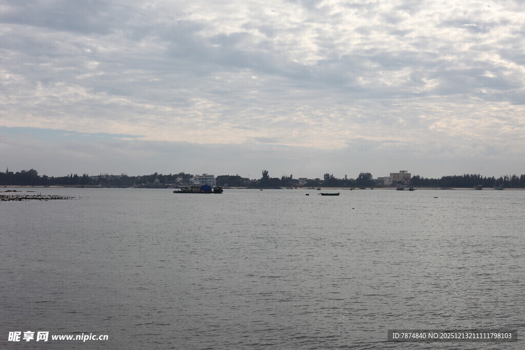 平静江面与远处城市景观
