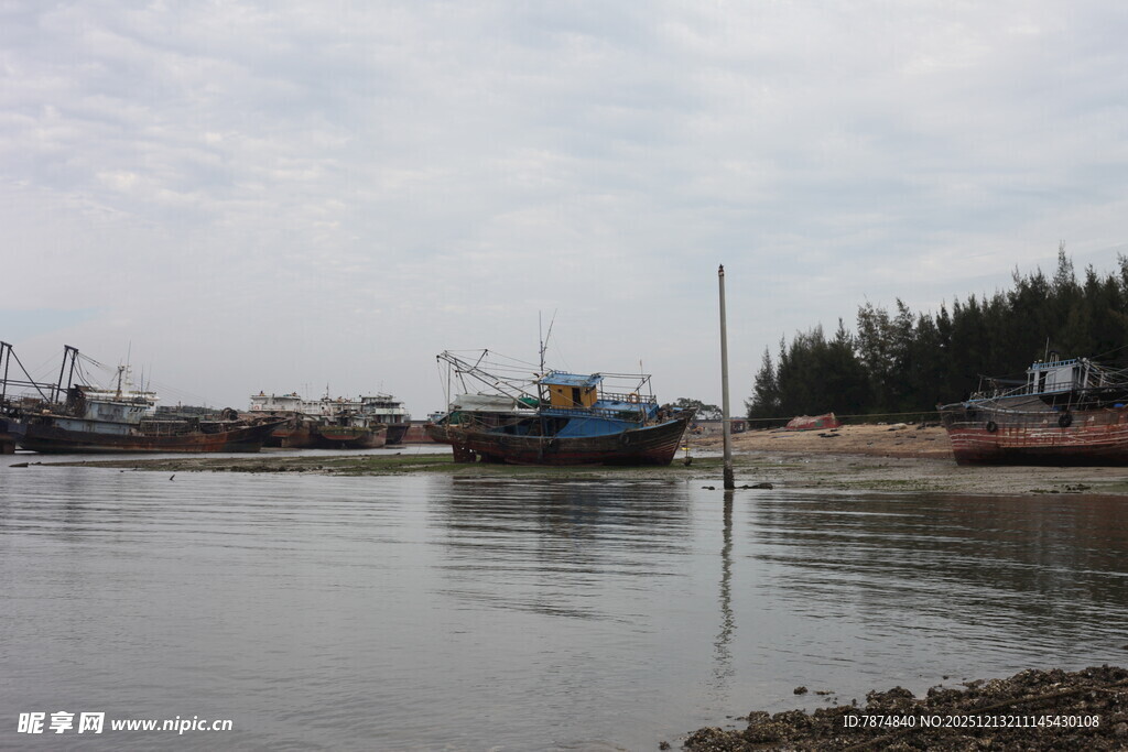 宁静渔港停泊的船只景象