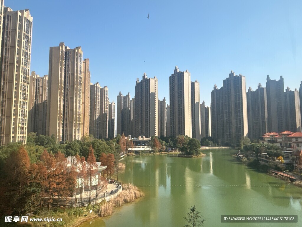 河畔高楼林立的城市景观