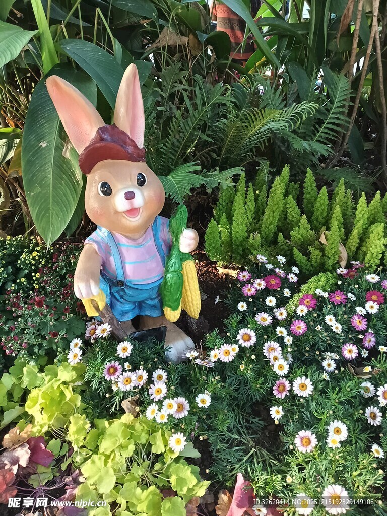 花园中的可爱兔子玩偶