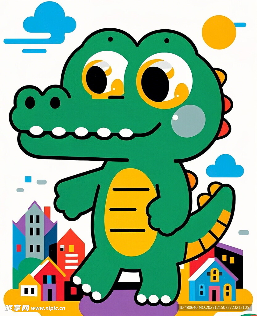 卡通鳄鱼与多彩城市风景