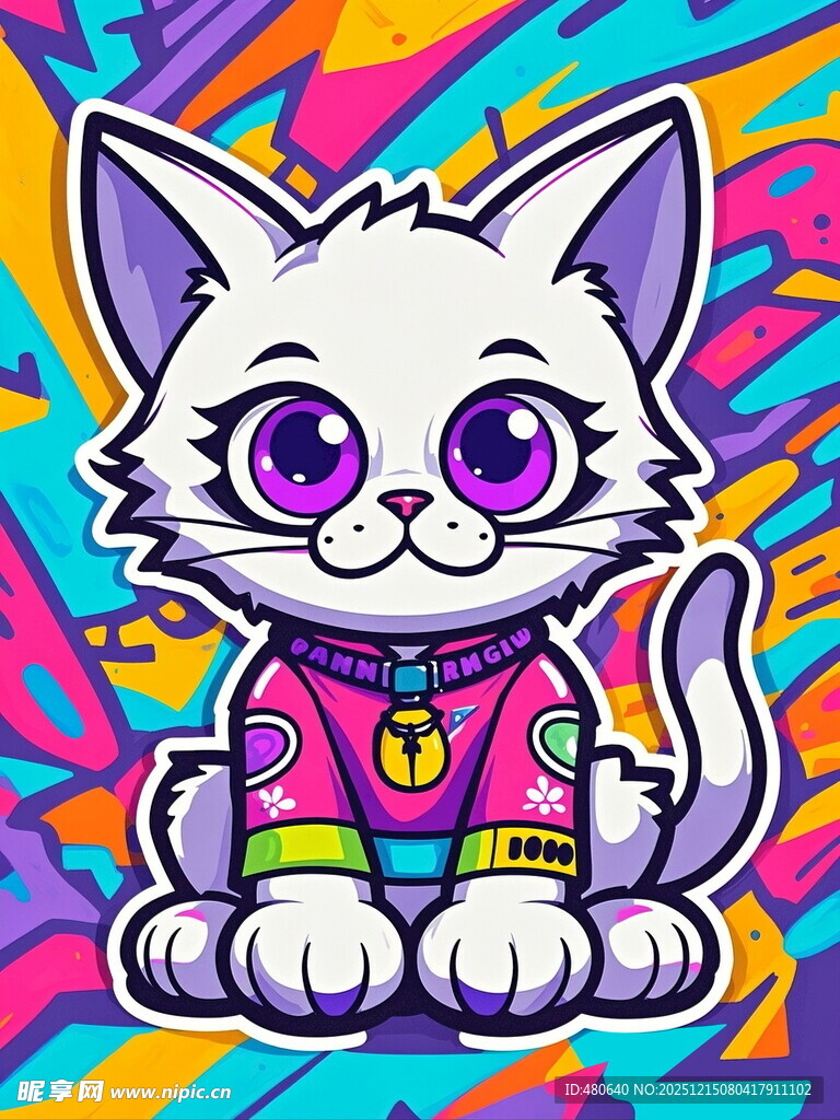 彩色背景下的可爱卡通猫咪