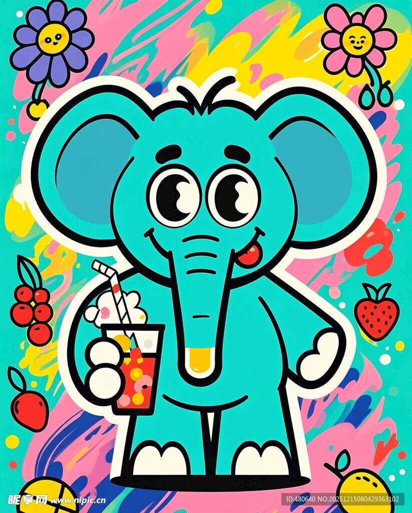 可爱大象手持饮料欢乐场景