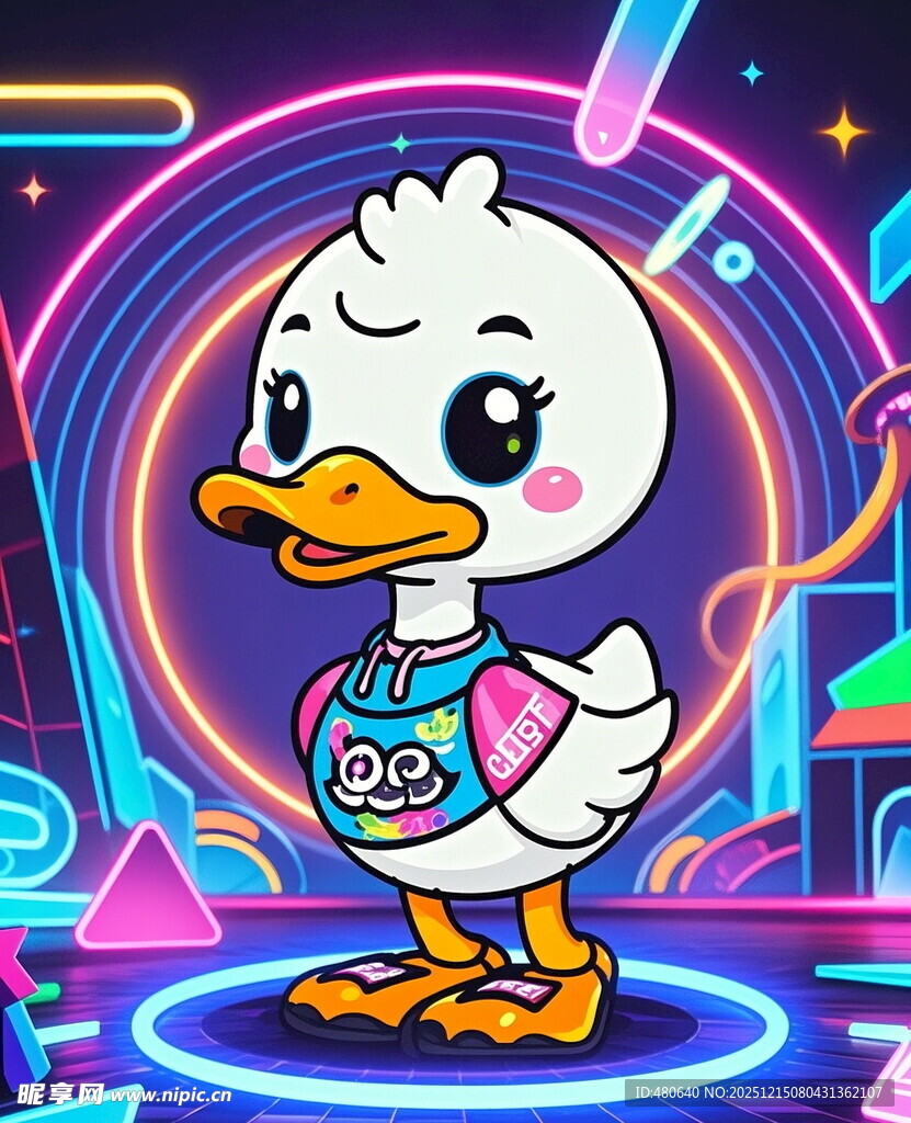 霓虹舞台上的可爱卡通小鸭