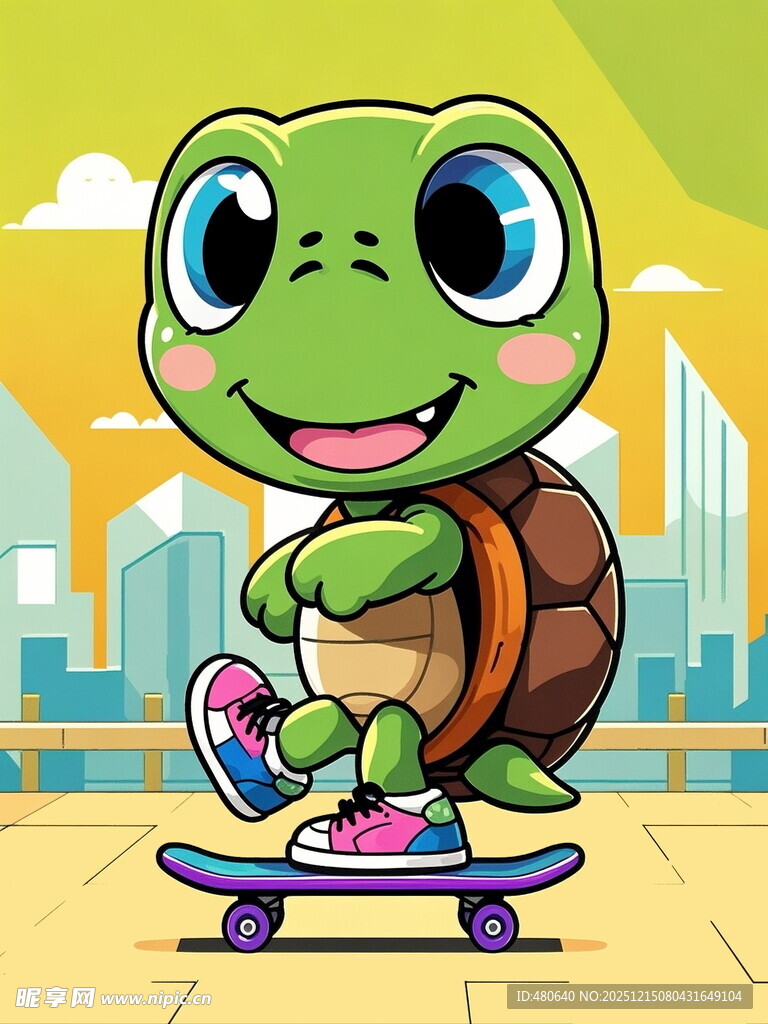 滑板上的可爱绿龟