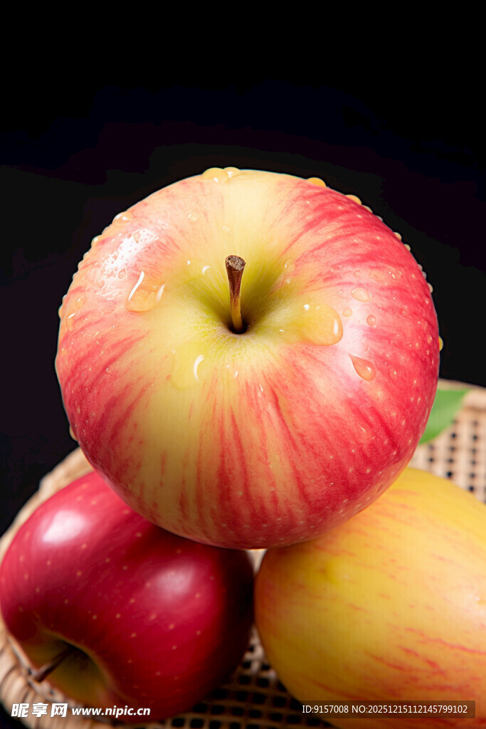 新鲜红苹果堆叠在篮中