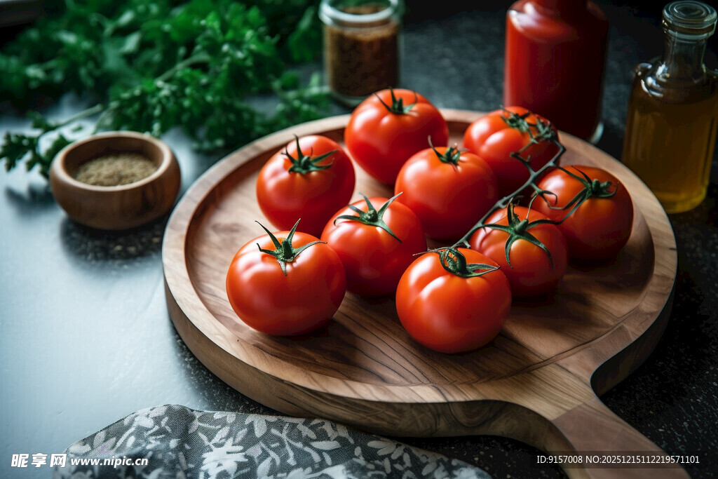 木盘上的新鲜红番茄