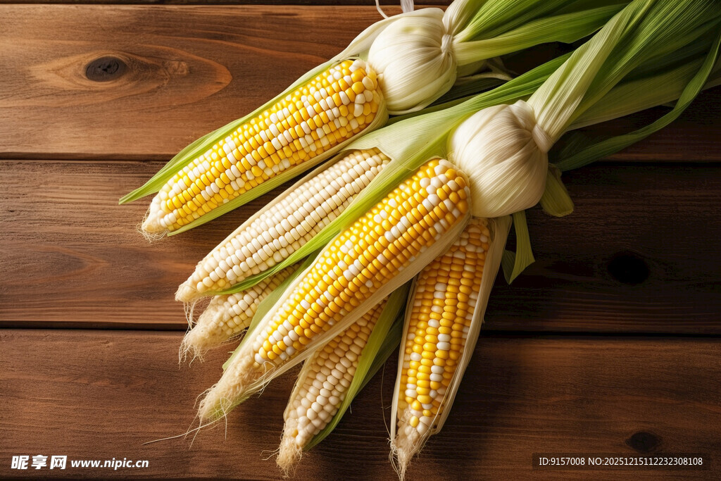 木桌上的新鲜玉米棒