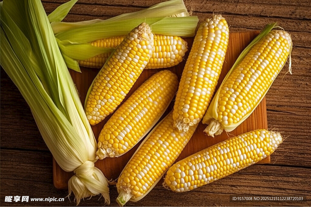 新鲜玉米摆放在木桌上